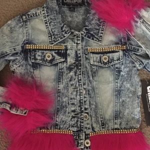 Custom blue jean fur jacket with gold accent